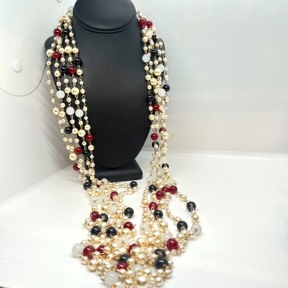 MULTI STRAND PEARL BEAD NECKLACE RED BLACK GOLD LUXE COUTURE STATEMENT 28" - Picture 1 of 12